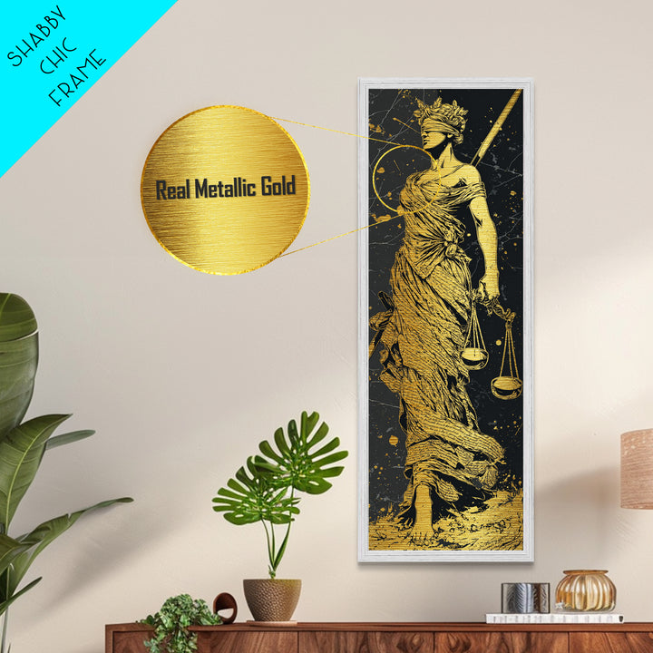 Themis Goddess Of Justice Metallic Gold Metal Print, Blindfolded Lady Justice Wall Art, Scales Of Balance Decor, Real Wood Frame