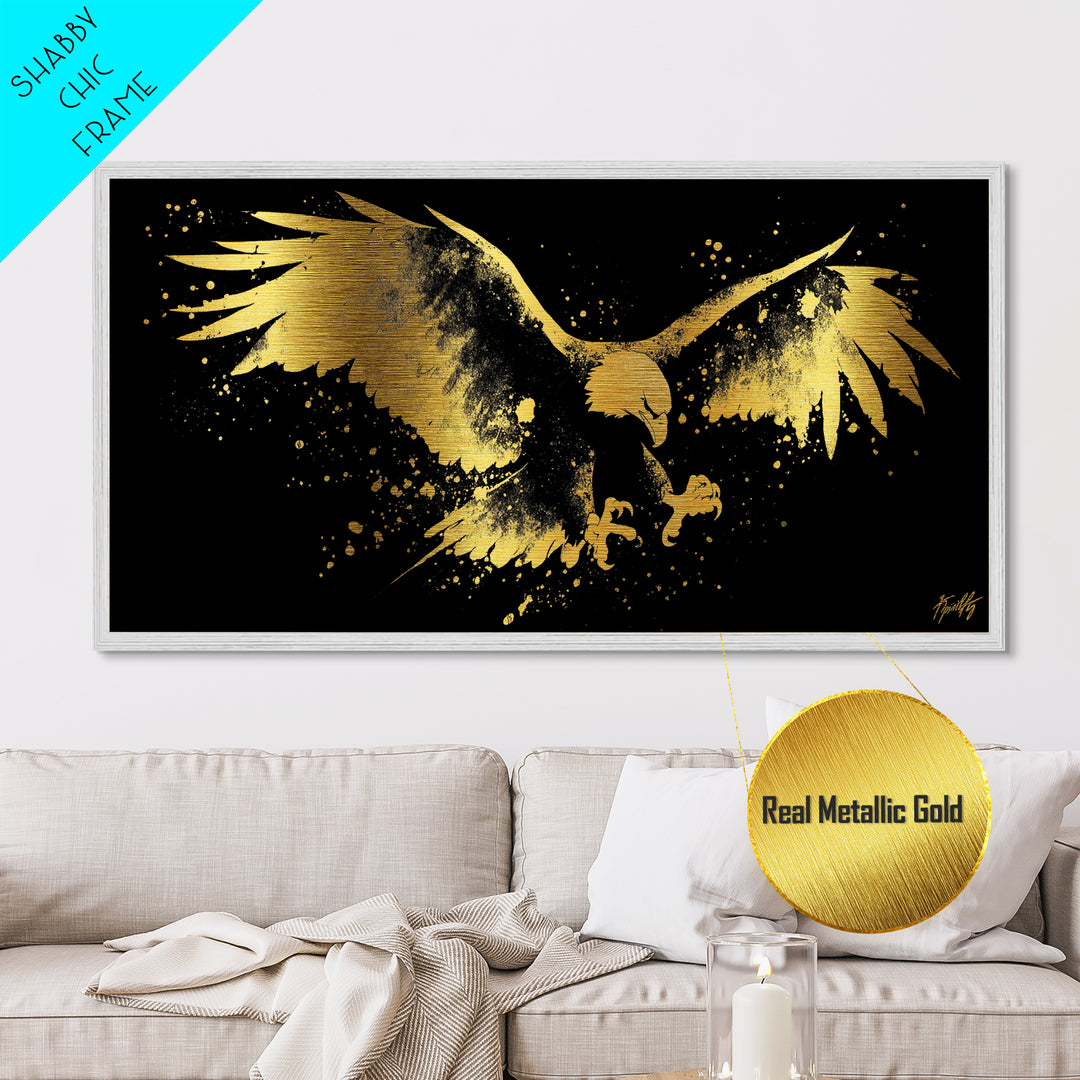 Eagle With Outstretched Wings, Metallic Gold Metal Print, Real Wood Frame, Splatter Art, Majestic Bird Wall Decor