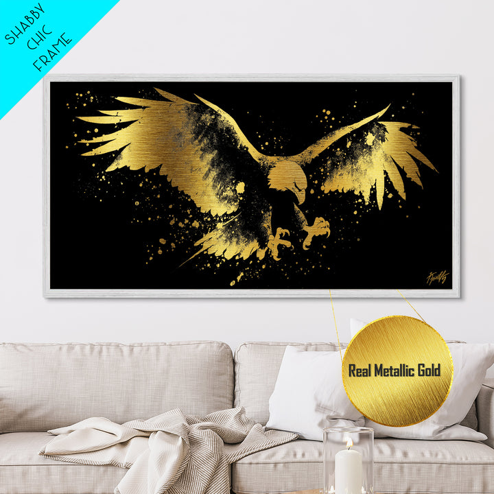 Eagle With Outstretched Wings, Metallic Gold Metal Print, Real Wood Frame, Splatter Art, Majestic Bird Wall Decor