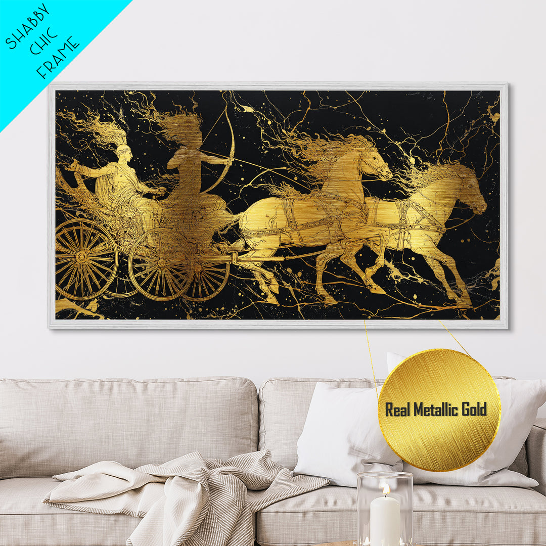 Greek Chariot Scene, Metallic Gold Art, Real Wood Frame, Mythology Inspired Wall Decor, Warriors And Horses Print