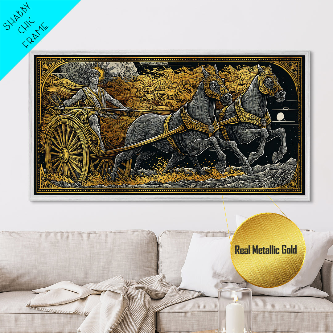 Chariot Of The Sun God, Metallic Gold Metal Print, Real Wood Frame, Mythology Wall Art, Horse And Chariot Artwork