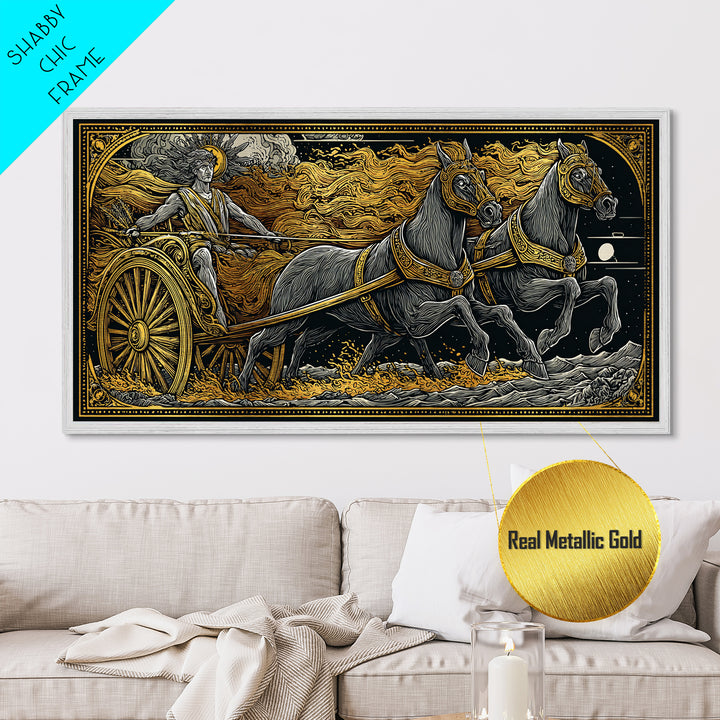 Chariot Of The Sun God, Metallic Gold Metal Print, Real Wood Frame, Mythology Wall Art, Horse And Chariot Artwork