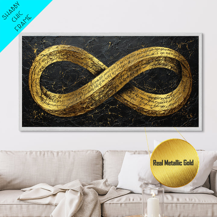 Infinity Symbol With Script, Metallic Gold Art, Real Wood Frame, Elegant Wall Decor, Modern Abstract Artwork