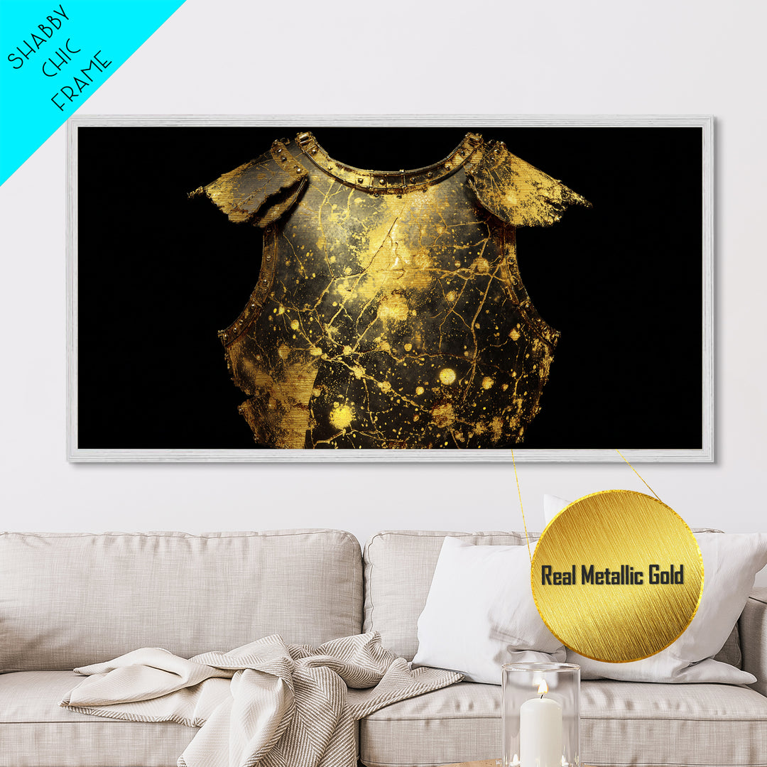 Golden Armor Breastplate, Metallic Gold Metal Print, Real Wood Frame, Medieval Warrior Decor, Historical Art Print