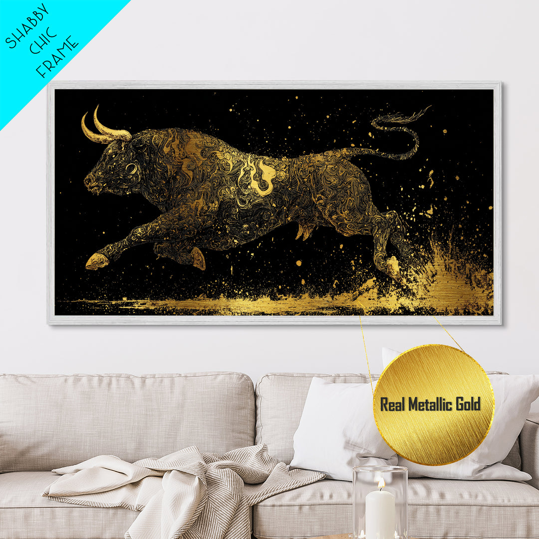 Golden Bull In Motion, Metallic Gold Art, Real Wood Frame, Dynamic Animal Wall Decor, Mythology Inspired Artwork