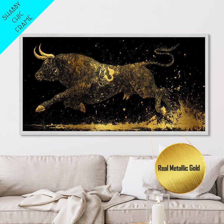Golden Bull In Motion, Metallic Gold Art, Real Wood Frame, Dynamic Animal Wall Decor, Mythology Inspired Artwork