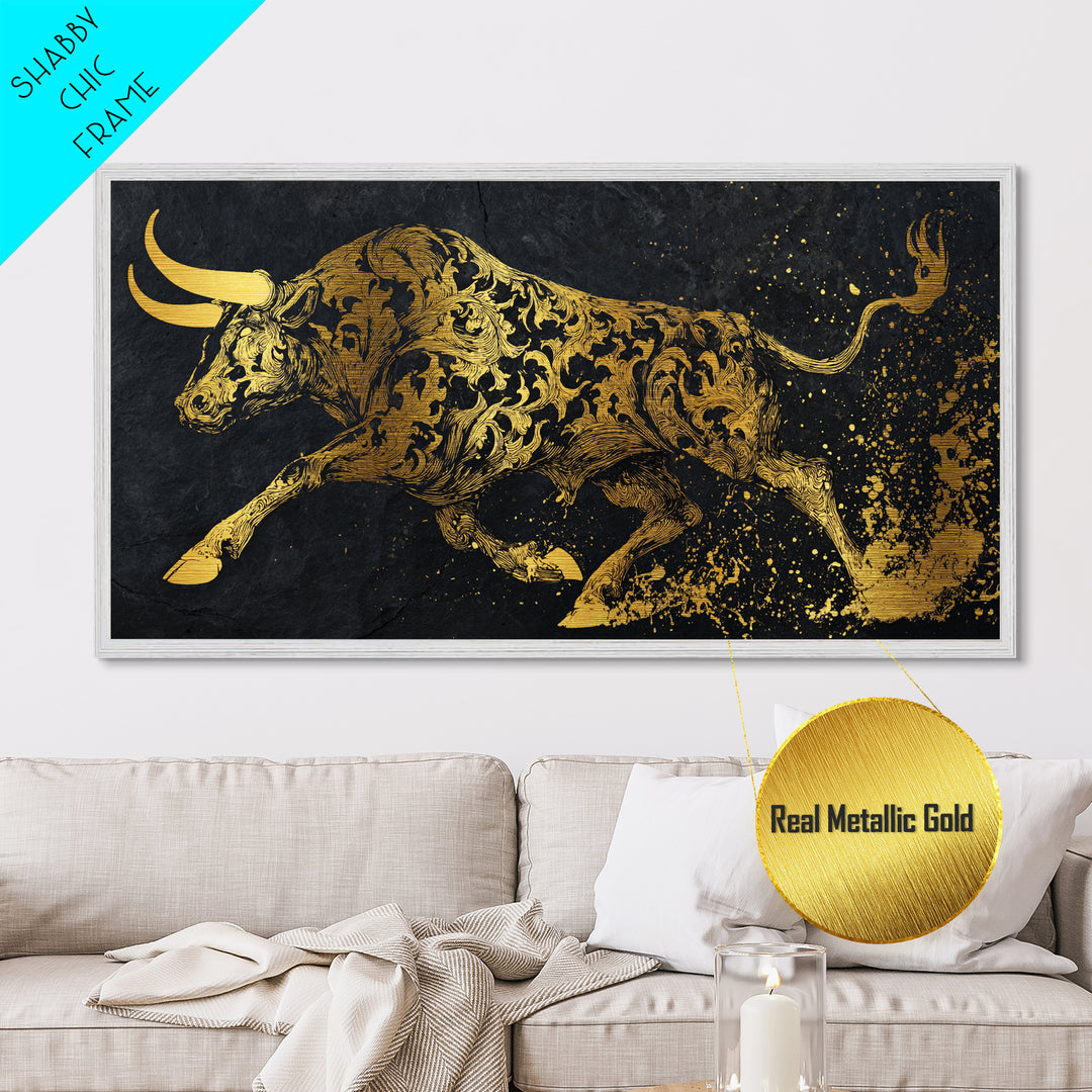 Ornate Golden Bull, Metallic Gold Metal Print, Real Wood Frame, Decorative Animal Artwork, Powerful Bull Illustration