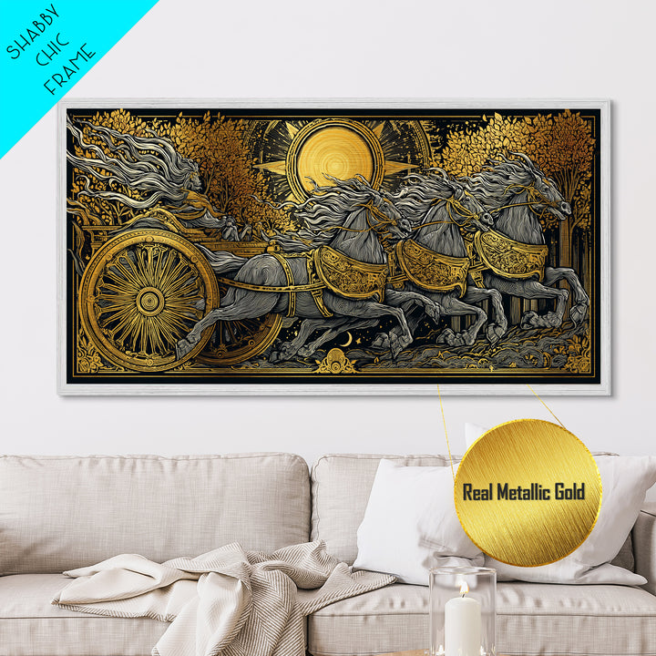 Chariot Of The Dawn, Metallic Gold Art, Real Wood Frame, Mythology Inspired Wall Decor, Horse And Rider Artwork