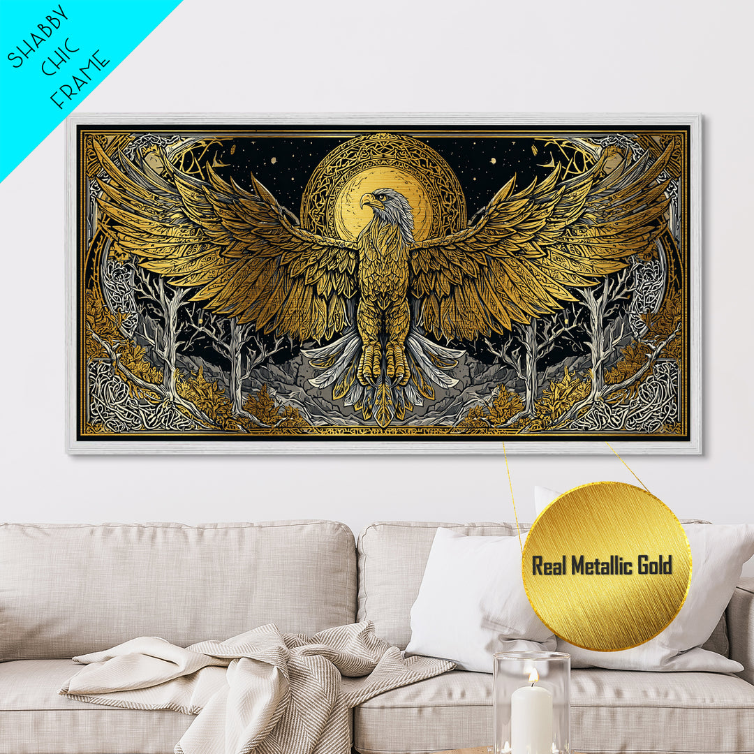 Golden Eagle Over Moonlit Forest, Metallic Gold Art, Real Wood Frame, Intricate Line Art, Majestic Bird Wall Decor