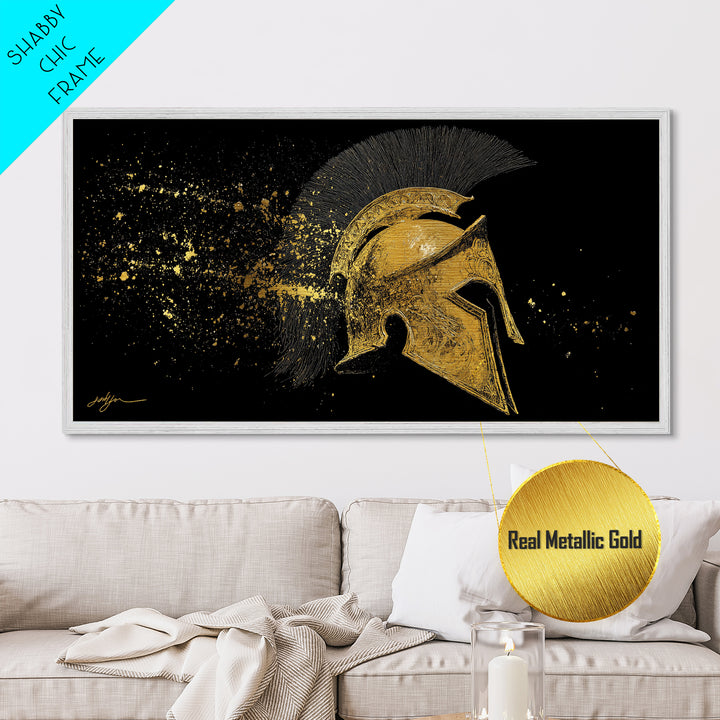 Golden Spartan Helmet, Metallic Gold Art, Real Wood Frame, Splatter Style Warrior Armor, Mythology Inspired Artwork