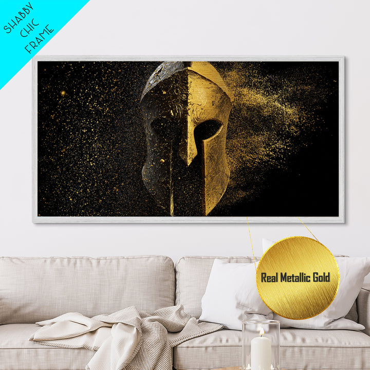 Half Gold Spartan Helmet, Metallic Gold Metal Print, Real Wood Frame, Splatter Style Warrior Armor, Ancient Battle Artwork