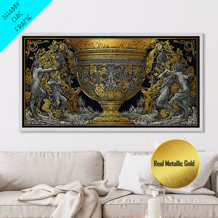Golden Ornate Chalice, Metallic Gold Art, Real Wood Frame, Mythology Inspired Wall Decor, Classical Celebration Scene