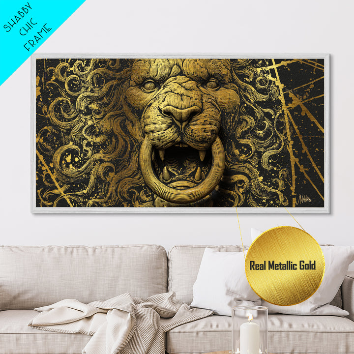 Golden Lion Door Knocker Close Up, Metallic Gold Art, Real Wood Frame, Splatter Style Animal Decor, Regal Lion Artwork