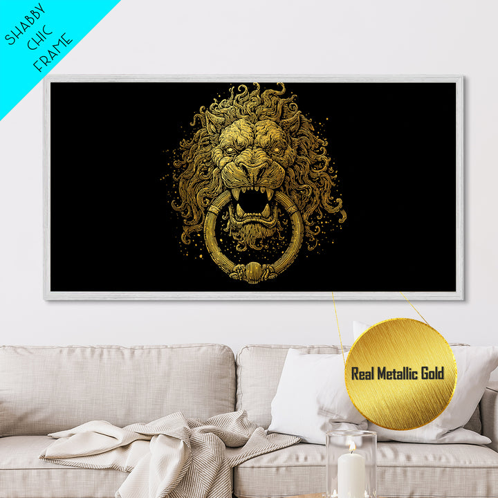 Golden Lion Door Knocker, Metallic Gold Metal Print, Real Wood Frame, Majestic Animal Wall Art, Regal Gold Illustration