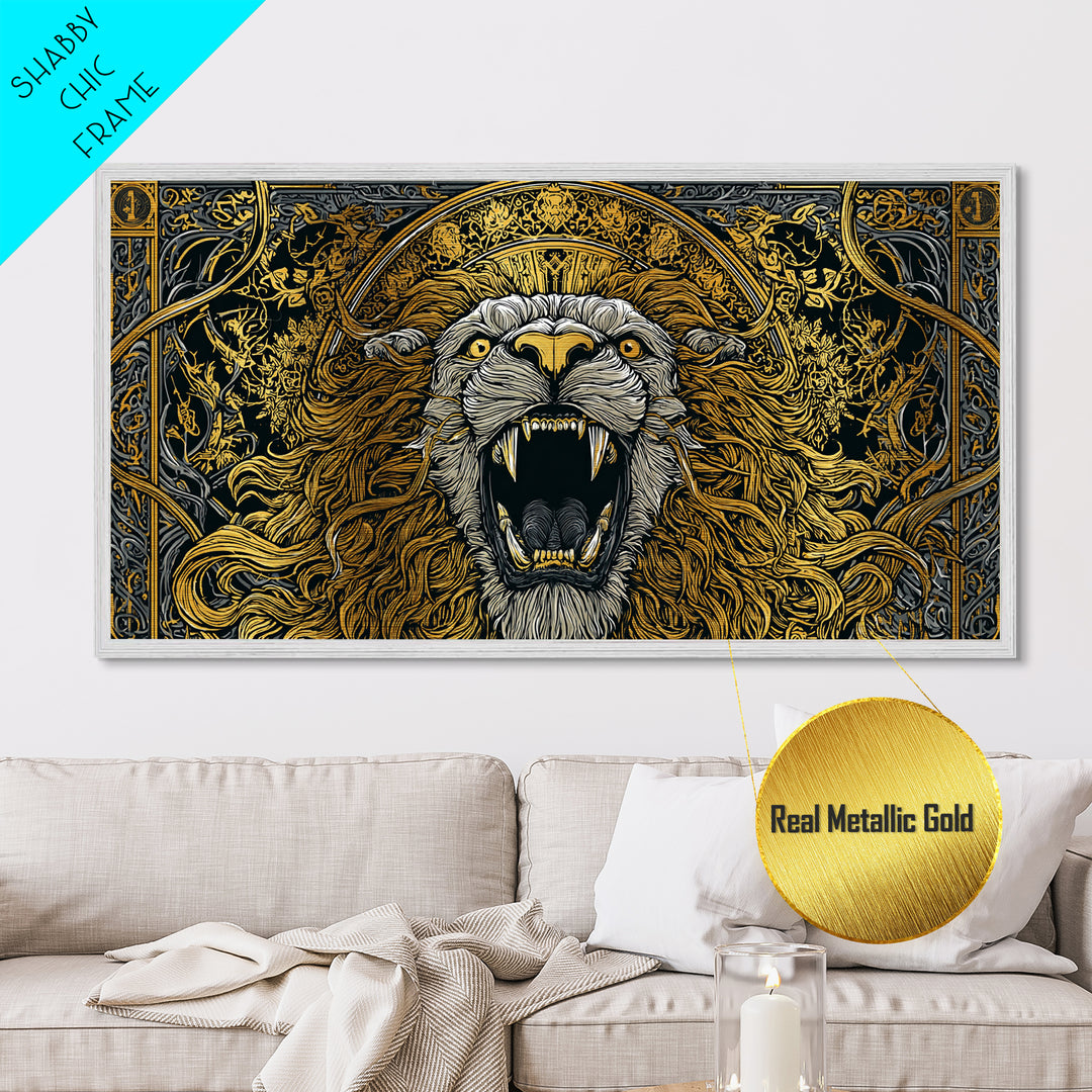 Roaring Golden Lion, Metallic Gold Art, Real Wood Frame, Mythology Inspired Animal Decor, Powerful Lion Wall Artwork