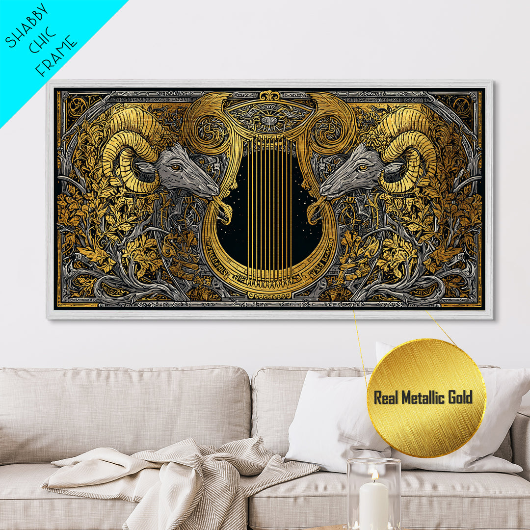 Ornate Ram Lyre, Metallic Gold Metal Print, Real Wood Frame, Mythology Inspired Musical Art, Classical Decorative Artwork