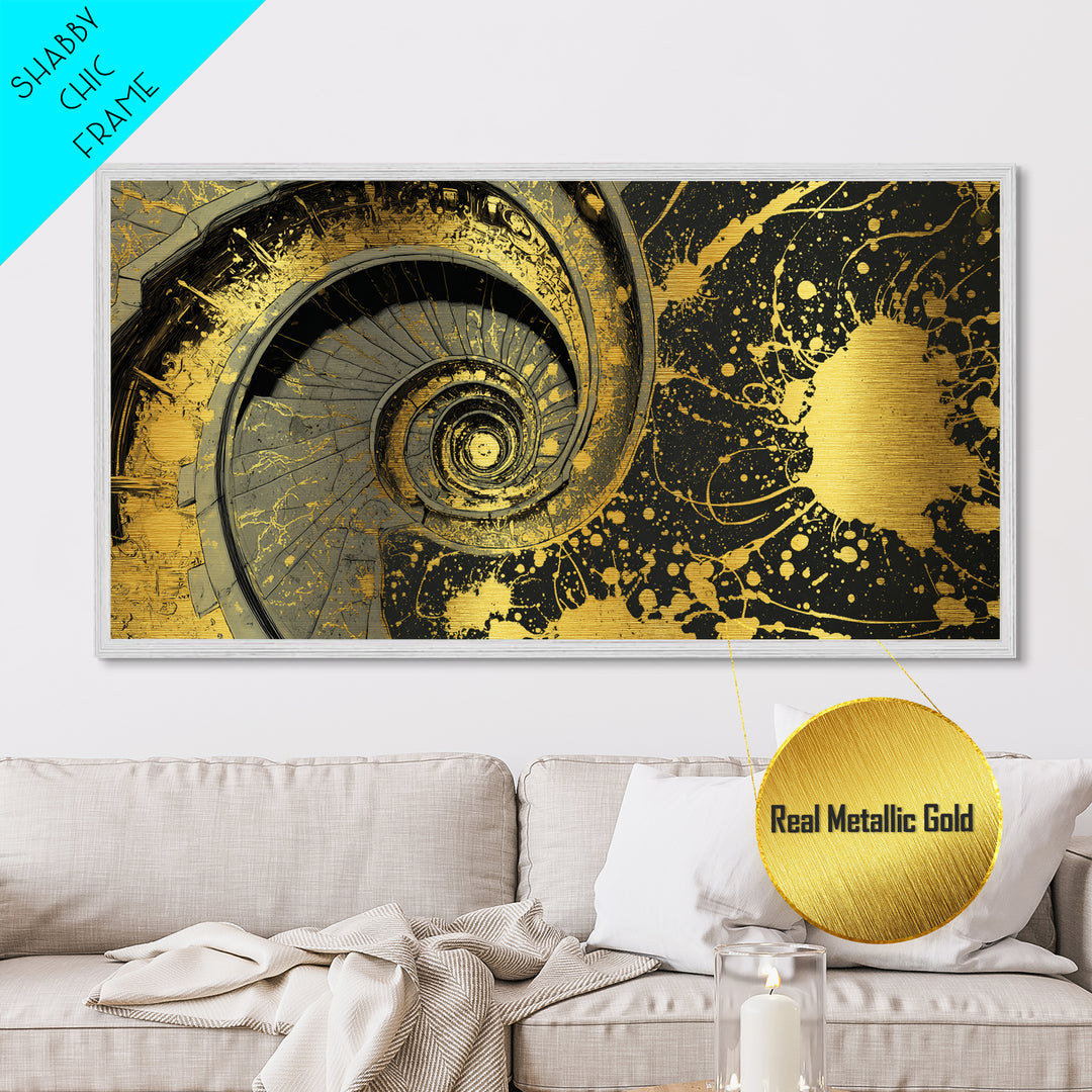 Golden Spiral Staircase, Metallic Gold Art, Real Wood Frame, Splatter Style Abstract Design, Modern Wall Decor