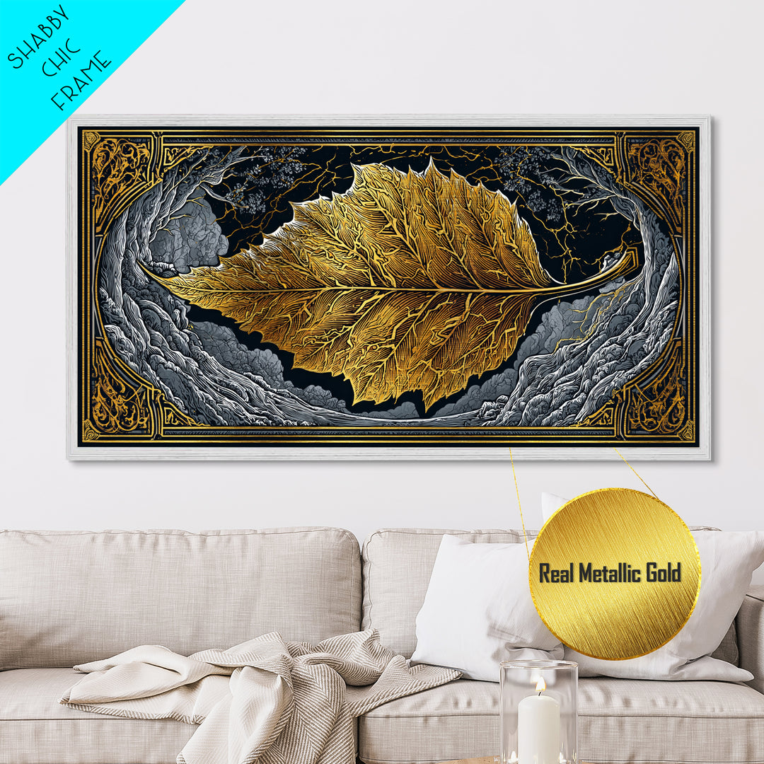 Golden Leaf In Ornate Frame, Metallic Gold Metal Print, Real Wood Frame, Botanical Wall Art, Nature Inspired Decor