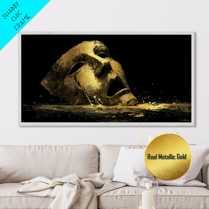 Golden Theatrical Mask, Metallic Gold Metal Print, Real Wood Frame, Dramatic Abstract Artwork, Expressive Wall Art