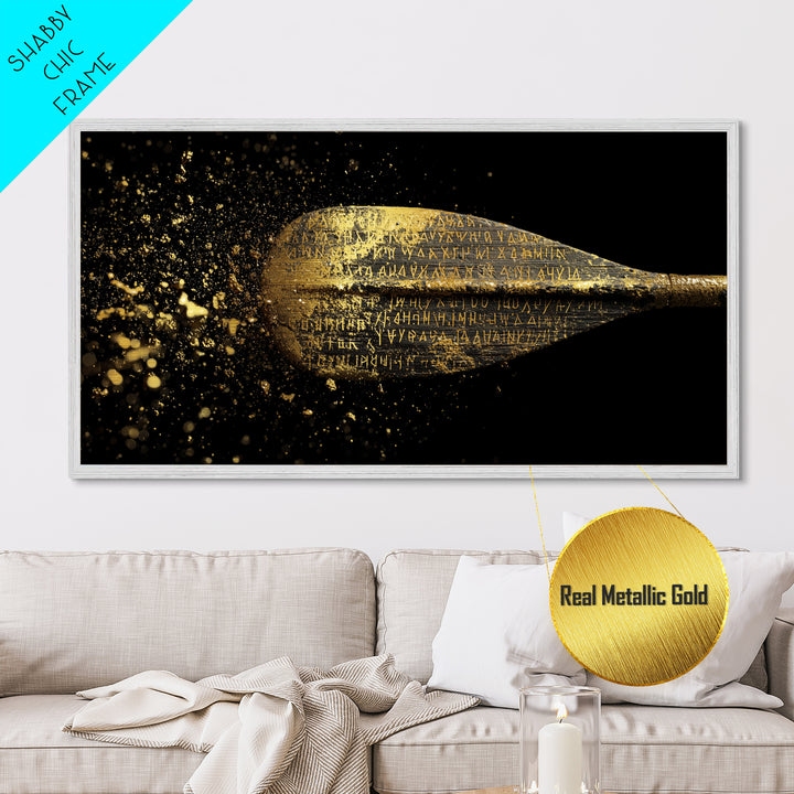 Ancient Golden Spear Tip, Metallic Gold Art, Real Wood Frame, Splatter Style Weapon Artwork, Mythology Inspired Decor