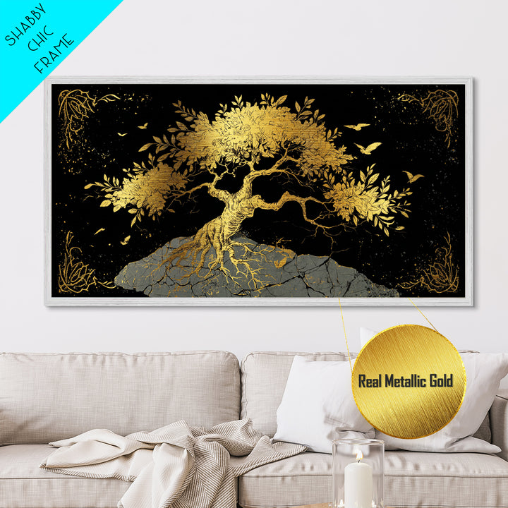 Metallic Gold Tree of Life Artwork, Intricate Roots and Leaves, Wood Framed Map Wall Art for Home or Office Décor