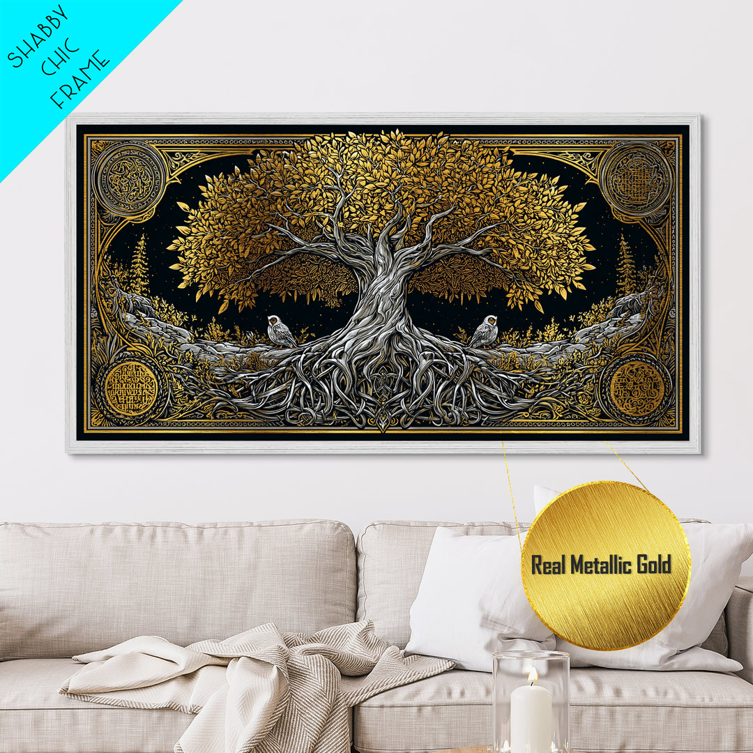Metallic Gold Ancient Tree Design with Owls, Ornate Border, Wood Framed Map Wall Art for Classic and Nature-Inspired Spaces