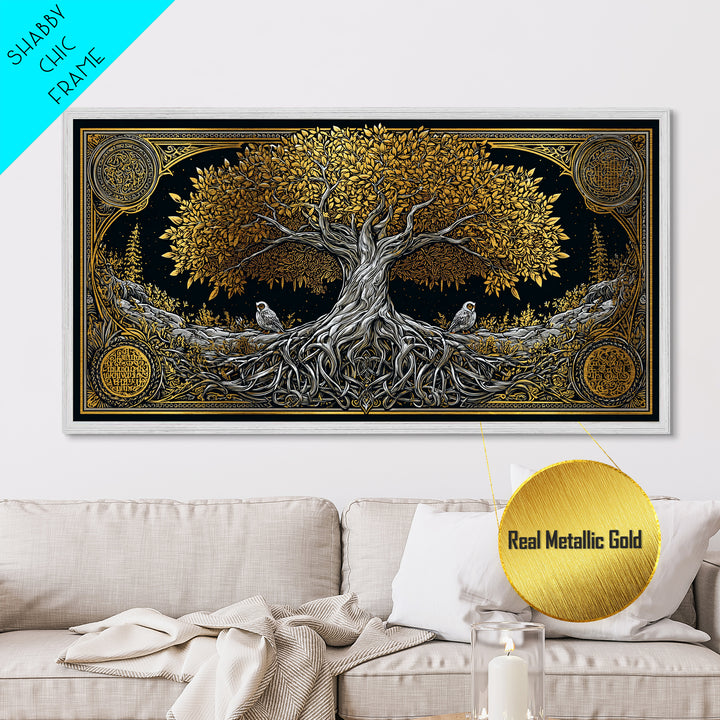 Metallic Gold Ancient Tree Design with Owls, Ornate Border, Wood Framed Map Wall Art for Classic and Nature-Inspired Spaces
