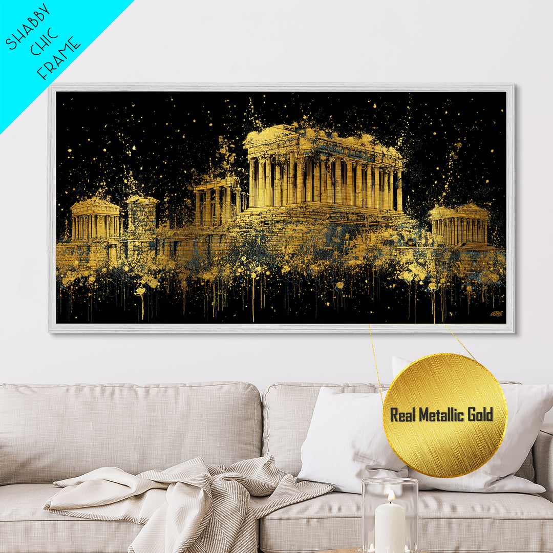 Metallic Gold Parthenon Greece Architecture Print, Splatter Art Style, Wood Framed Map Wall Art for Travel and History Fans