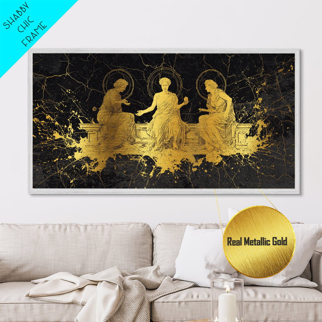 Metallic Gold Greek Goddesses Seated in Elegant Marble Scene, Wood Framed Map Wall Décor for Classical Art and Mythology Lovers