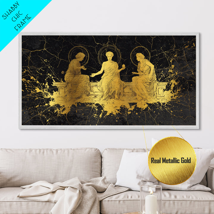 Metallic Gold Greek Goddesses Seated in Elegant Marble Scene, Wood Framed Map Wall Décor for Classical Art and Mythology Lovers
