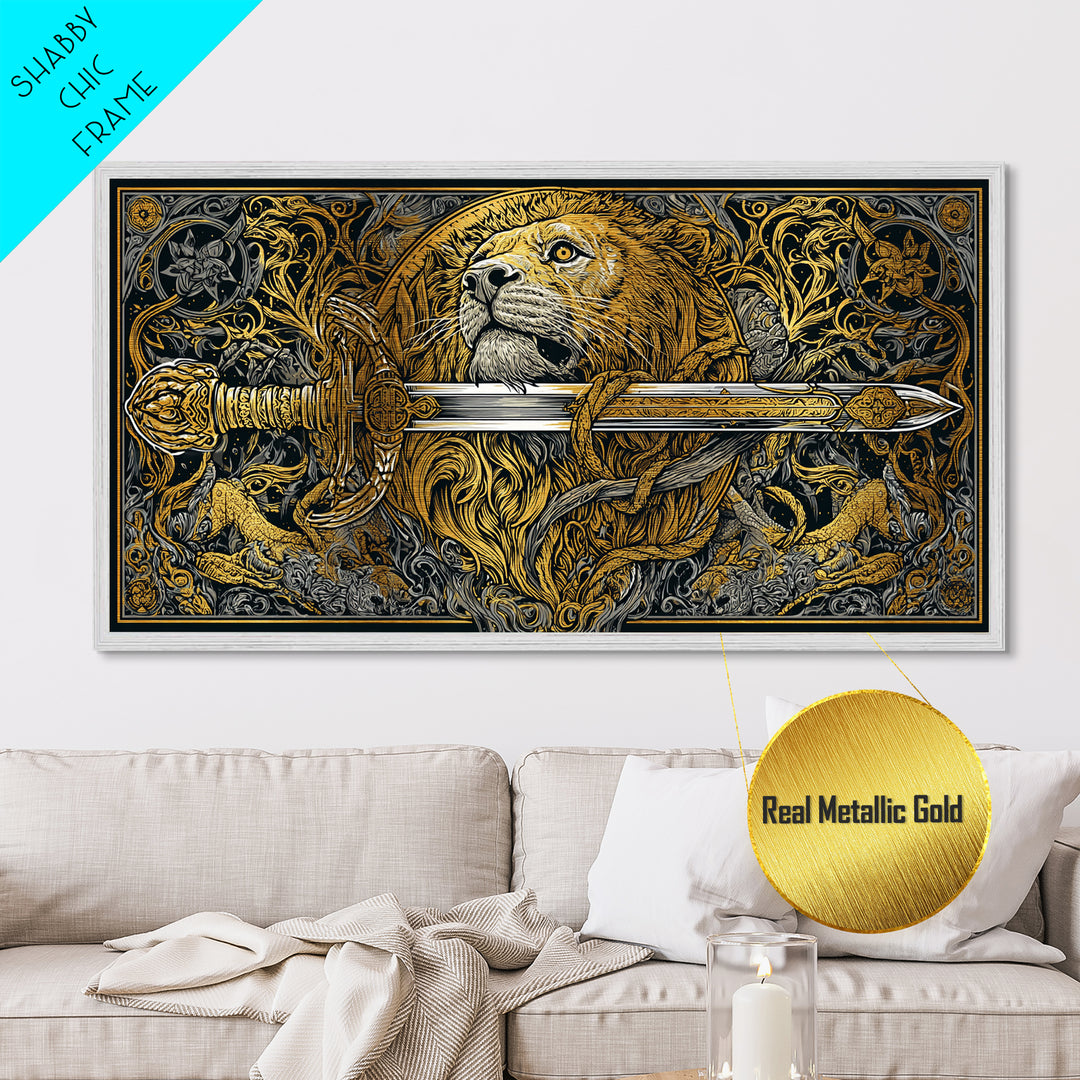 Metallic Gold Lion with Ornate Sword, Surrounded by Floral Designs, Wood Framed Map Wall Art for Strength and Courage Symbolism