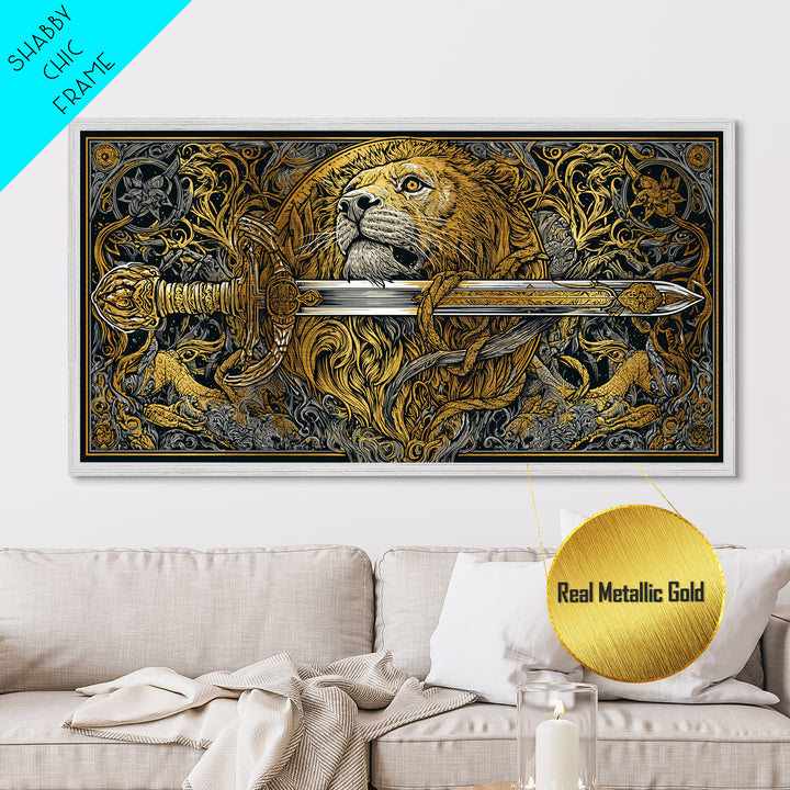 Metallic Gold Lion with Ornate Sword, Surrounded by Floral Designs, Wood Framed Map Wall Art for Strength and Courage Symbolism