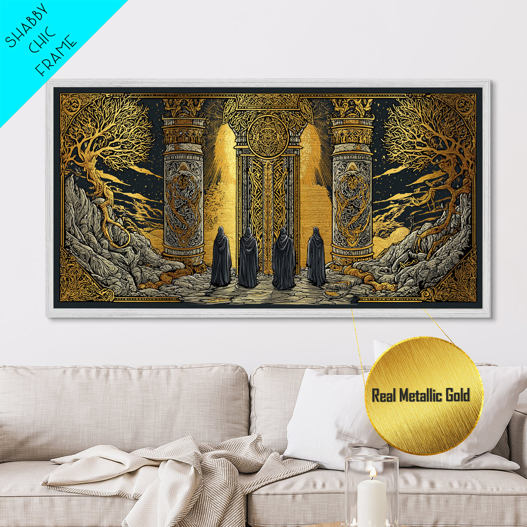 Metallic Gold Fantasy Portal Artwork, Glowing Pillars and Trees, Wood Framed Map Wall Décor for Magical and Epic Settings