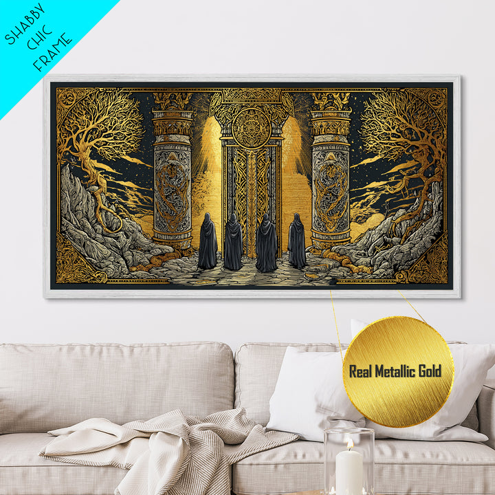 Metallic Gold Fantasy Portal Artwork, Glowing Pillars and Trees, Wood Framed Map Wall Décor for Magical and Epic Settings