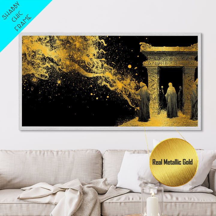 Metallic Gold Ancient Gate Scene, Robed Figures and Ornate Carvings, Wood Framed Map Wall Art for Mystery and Fantasy Lovers