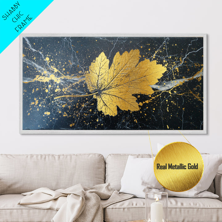 Golden Maple Leaf On Black, Metallic Gold Art, Real Wood Frame, Splatter Style, Nature Wall Decor, Leaf Print