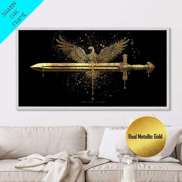 Metallic Gold Eagle and Sword Artwork, Splatter Effect Style, Wood Framed Map Wall Art for Power and Freedom Symbolism