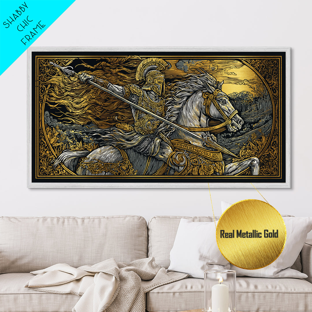 Metallic Gold Metal Print Spartan Warrior on Horseback, Flowing Mane and Spear, Wood Framed Map Wall Art, Ancient Battle,  History Lovers