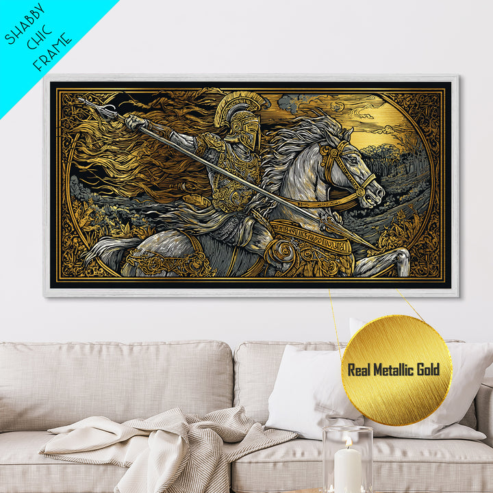 Metallic Gold Metal Print Spartan Warrior on Horseback, Flowing Mane and Spear, Wood Framed Map Wall Art, Ancient Battle,  History Lovers