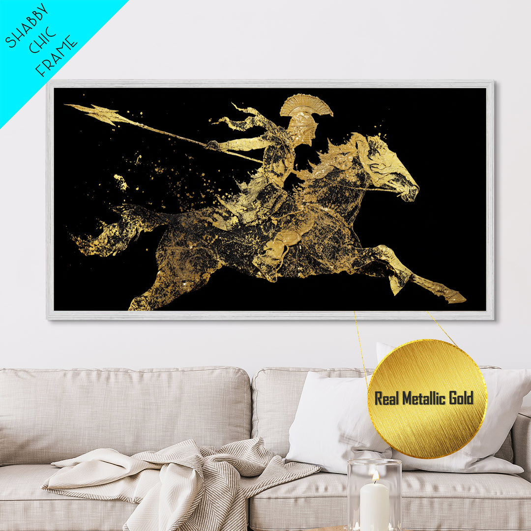 Metallic Gold Art Spartan Rider Silhouette, Splatter Effect Spear Charge, Wood Framed Map Wall Décor, Historical and Warrior-Themed Spaces
