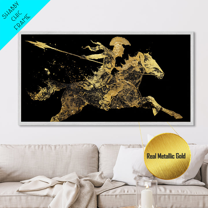 Metallic Gold Art Spartan Rider Silhouette, Splatter Effect Spear Charge, Wood Framed Map Wall Décor, Historical and Warrior-Themed Spaces