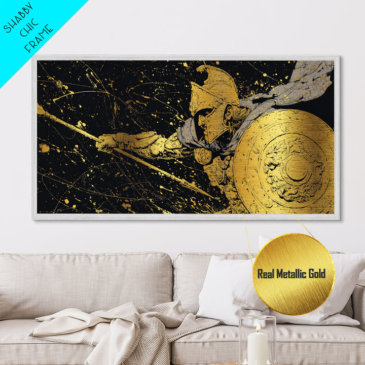 Metallic Gold Metal Print Spartan Soldier with Shield and Spear, Splatter Background, Wood Framed Map Wall Art for Ancient Greece Enthusiasts