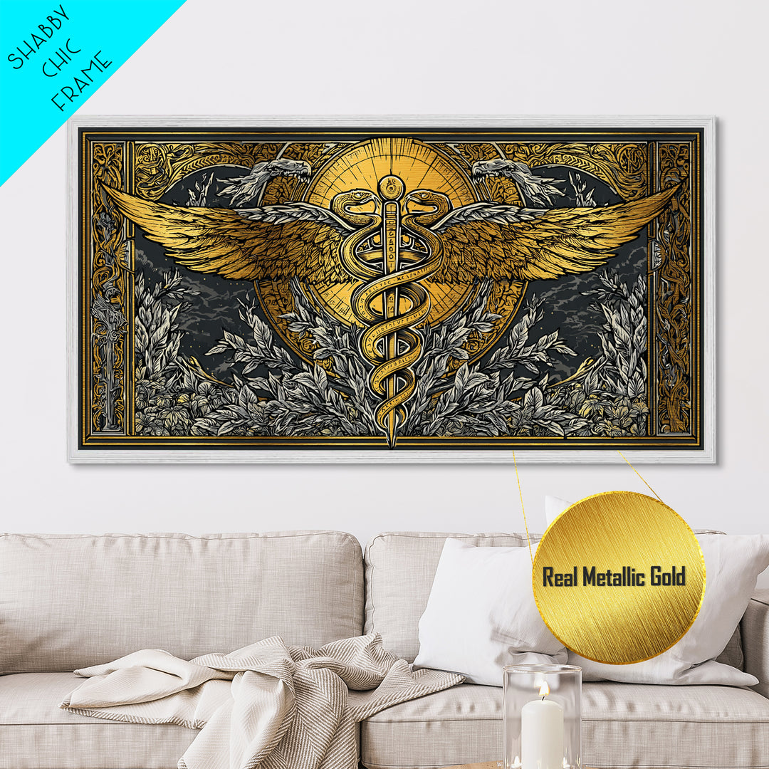Metallic Gold Art Caduceus Symbol with Wings and Serpents, Ornate Frame, Wood Framed Map Wall Décor for Medical and Healing Symbolism Fans