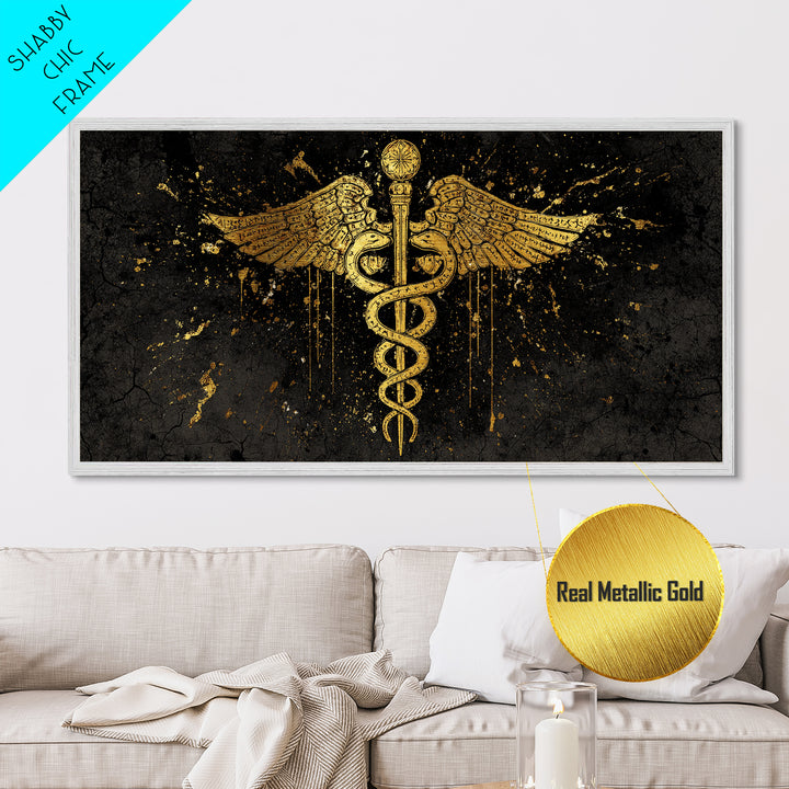 Metallic Gold Metal Print Caduceus Splatter Effect Design, Ancient Script Wings, Wood Framed Map Wall Art for Medicine and Healing Iconography