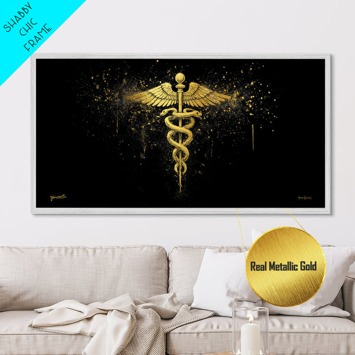 Metallic Gold Art Caduceus Medical Symbol, Splatter Background Art Style, Wood Framed Map Wall Décor for Healthcare, Classical Symbol Lovers