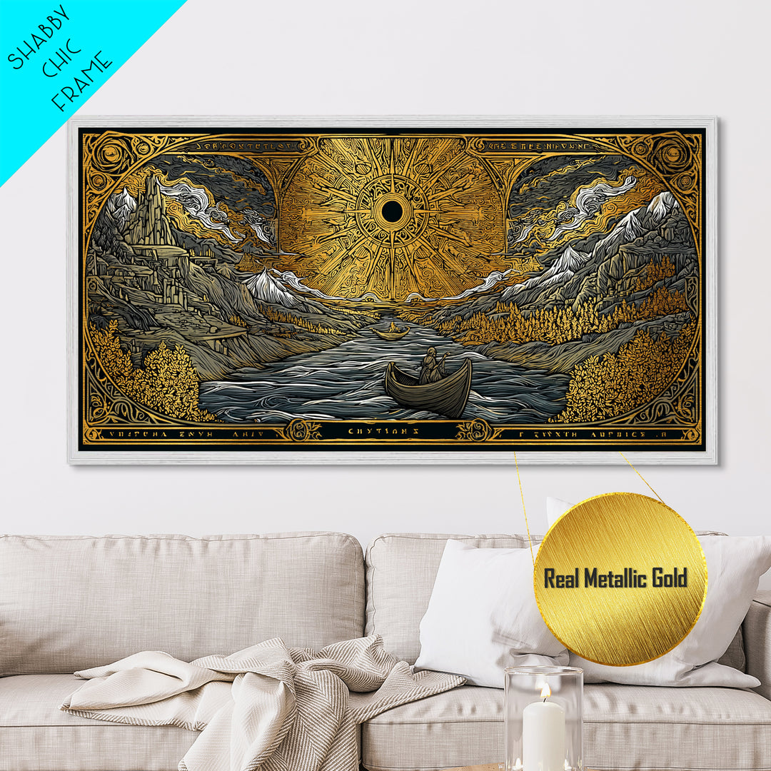 Metallic Gold Metal Print Solar Eclipse Over Mountain Valley, Rowboats and Figures, Wood Framed Map Wall Art for Fantasy and Celestial Lovers