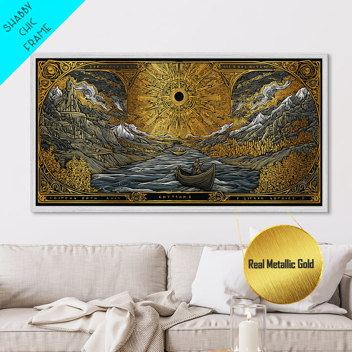 Metallic Gold Metal Print Solar Eclipse Over Mountain Valley, Rowboats and Figures, Wood Framed Map Wall Art for Fantasy and Celestial Lovers