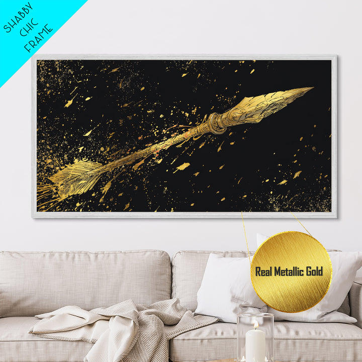 Golden Spear In Flight, Metallic Gold Metal Print, Real Wood Frame, Dynamic Weapon Art, Mythology Inspired Wall Decor