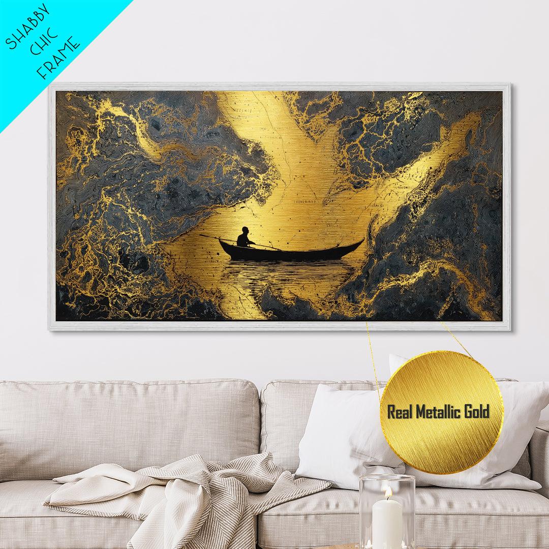 Metallic Gold Art Rowboat Silhouette Over Detailed Map Pattern, Reflective Water, Wood Framed Map Wall Décor, Nautical and Cartographic Fans