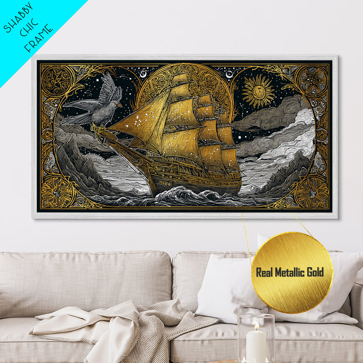 Metallic Gold Art Sailing Ship with Raven Figurehead, Starry Night and Waves, Wood Framed Map Wall Décor, Nautical and Mythic Voyage Lovers